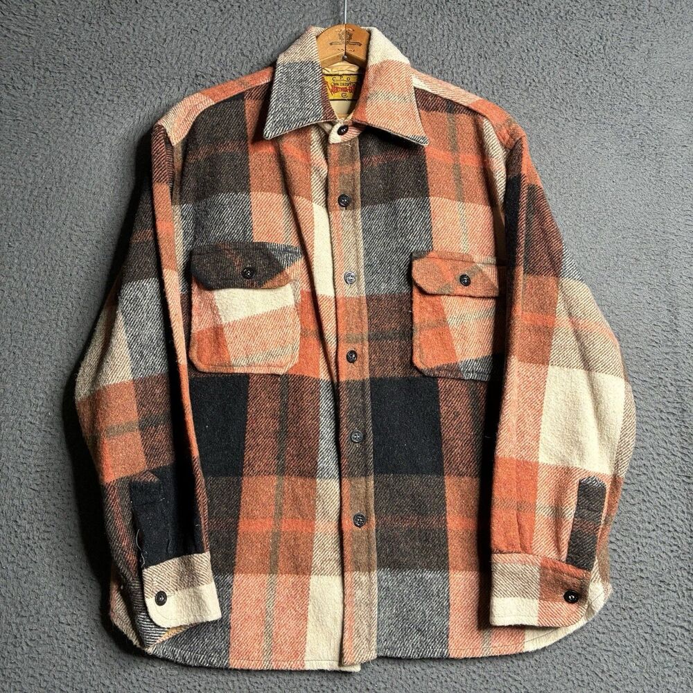 True Vintage 60s CPO Wool Shirt Shacket Mens Large Check Plaid Flannel USA - Picture 14 of 14